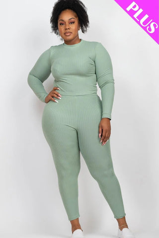 Plus Ribbed Mock Neck Long Sleeve Top & Leggings Set Look Up Deals