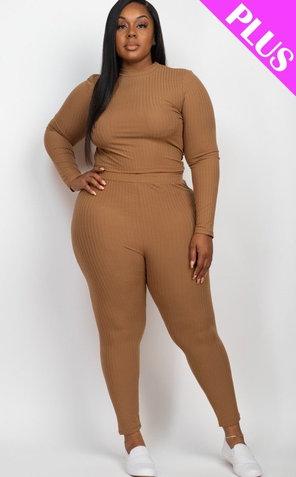 Plus Ribbed Mock Neck Long Sleeve Top & Leggings Set Look Up Deals