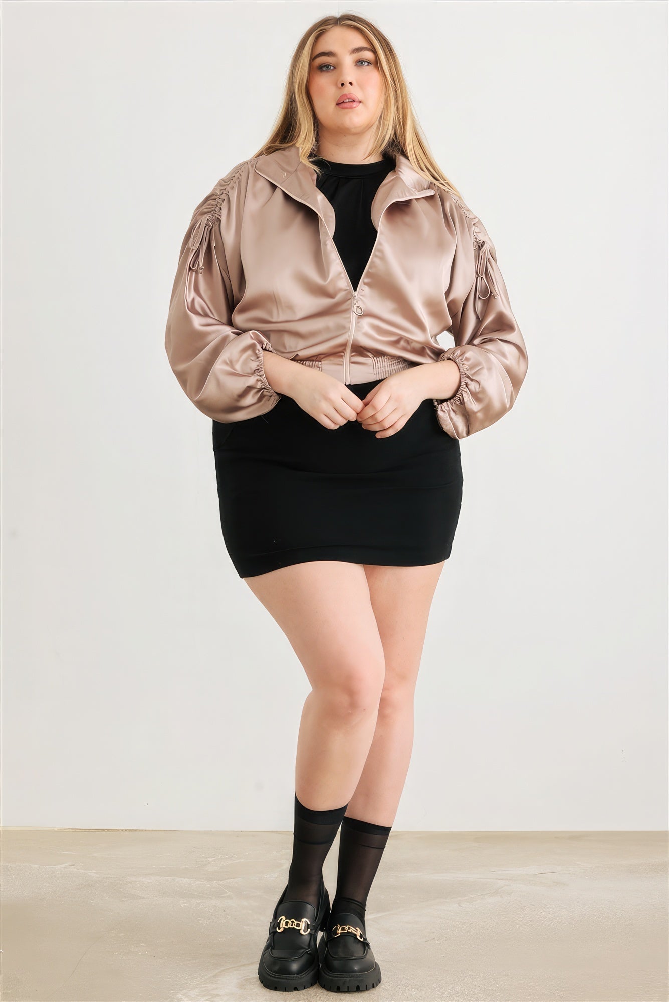 Plus Satin Zip-up Ruched Long Sleeve Cropped Bomber Jacket Look Up Deals