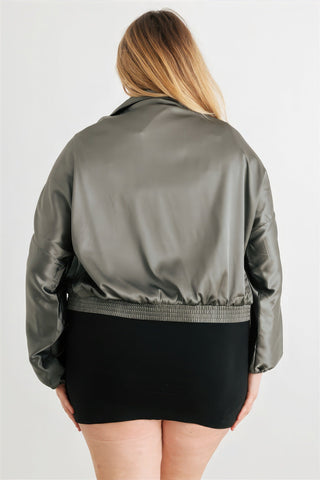 Plus Satin Zip-up Ruched Long Sleeve Cropped Bomber Jacket Look Up Deals