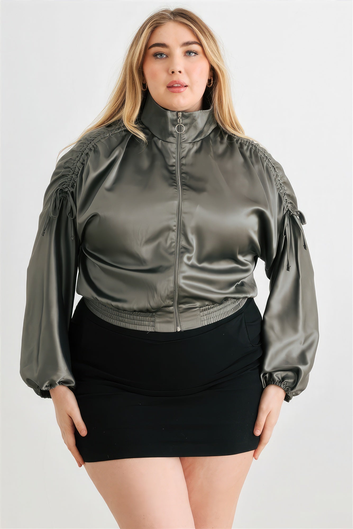 Plus Satin Zip-up Ruched Long Sleeve Cropped Bomber Jacket Look Up Deals