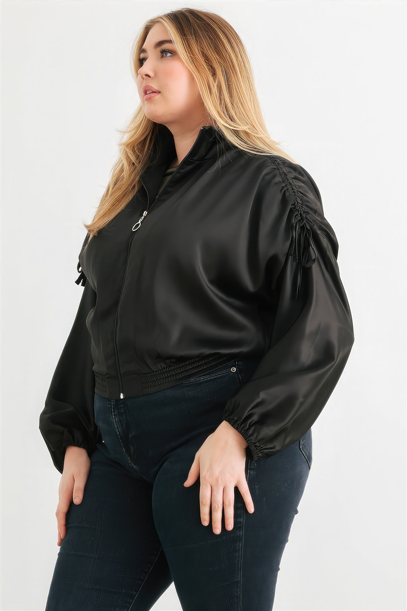 Plus Satin Zip-up Ruched Long Sleeve Cropped Bomber Jacket Look Up Deals