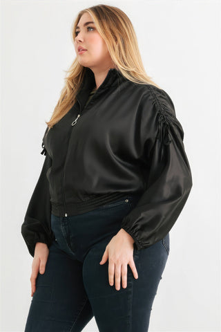 Plus Satin Zip-up Ruched Long Sleeve Cropped Bomber Jacket Look Up Deals