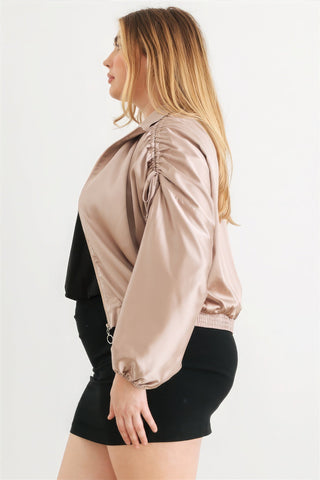 Plus Satin Zip-up Ruched Long Sleeve Cropped Bomber Jacket Look Up Deals