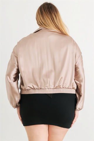 Plus Satin Zip-up Ruched Long Sleeve Cropped Bomber Jacket Look Up Deals