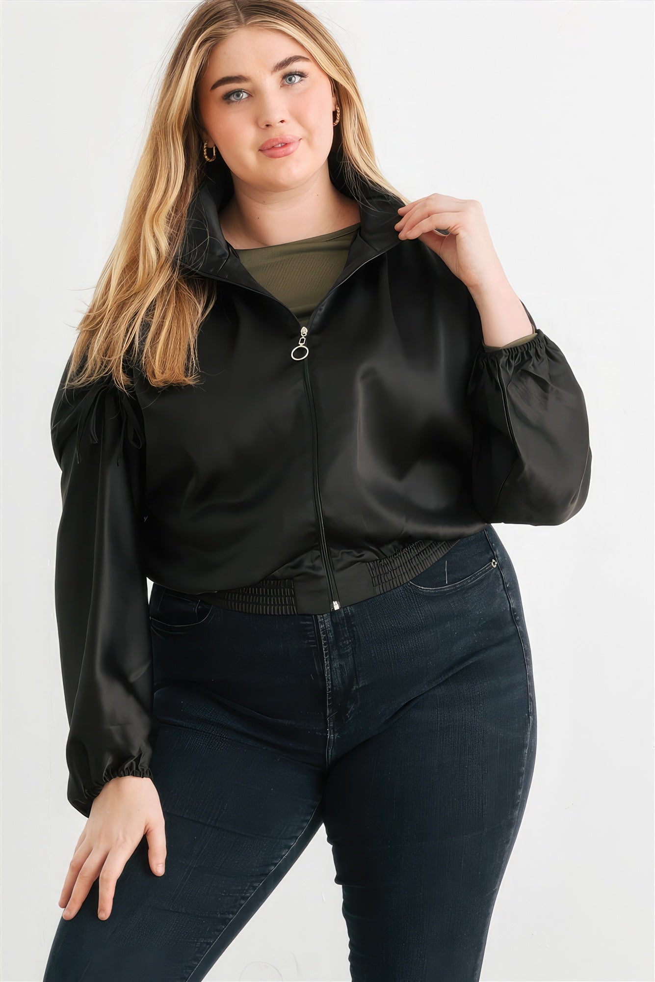 Plus Satin Zip-up Ruched Long Sleeve Cropped Bomber Jacket Look Up Deals