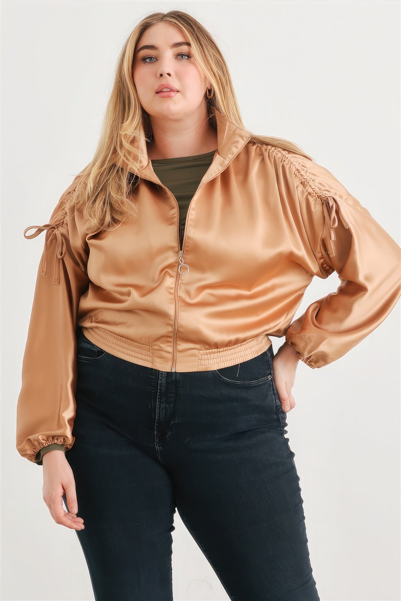 Plus Satin Zip-up Ruched Long Sleeve Cropped Bomber Jacket Look Up Deals