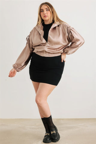 Plus Satin Zip-up Ruched Long Sleeve Cropped Bomber Jacket Look Up Deals