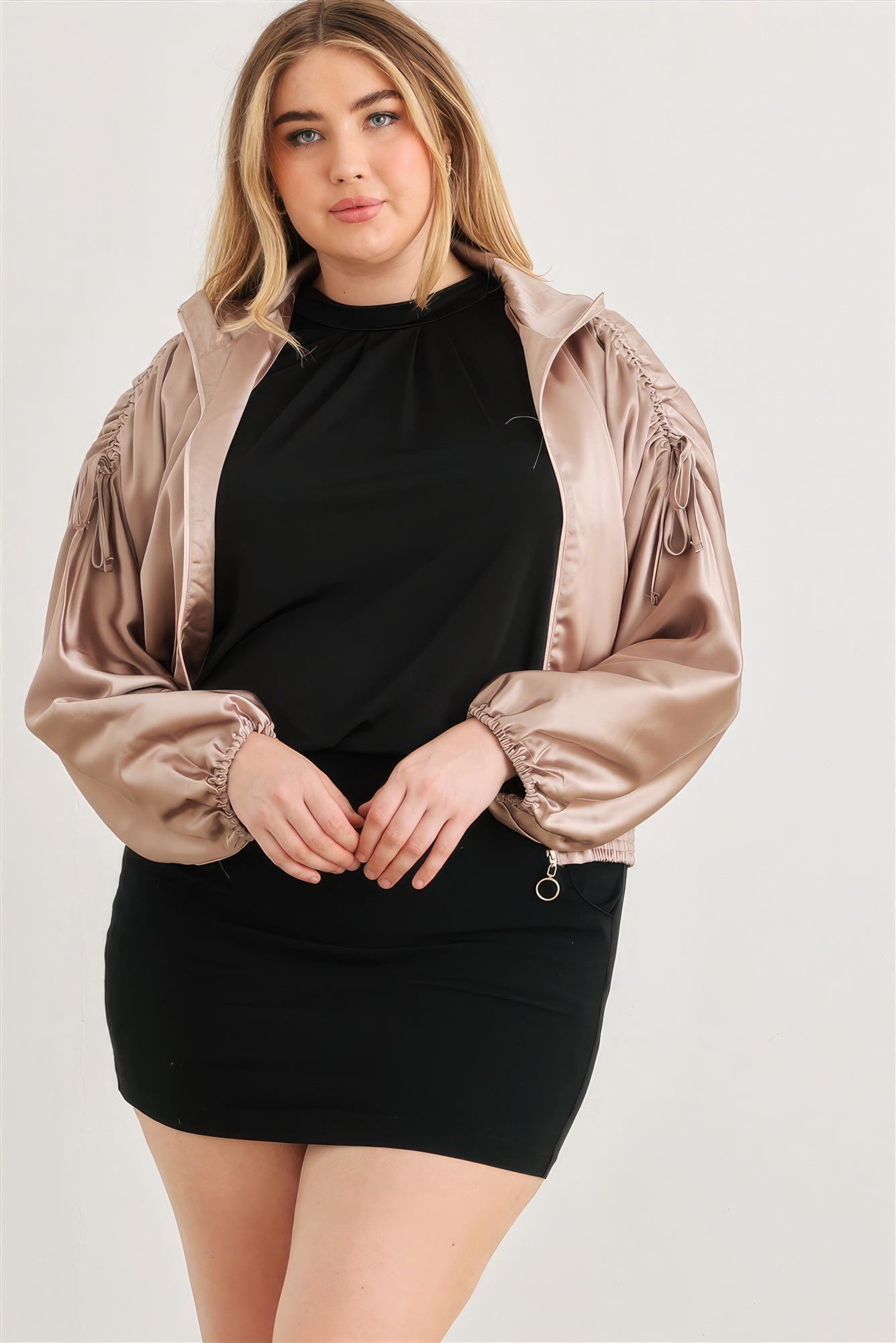 Plus Satin Zip-up Ruched Long Sleeve Cropped Bomber Jacket Look Up Deals