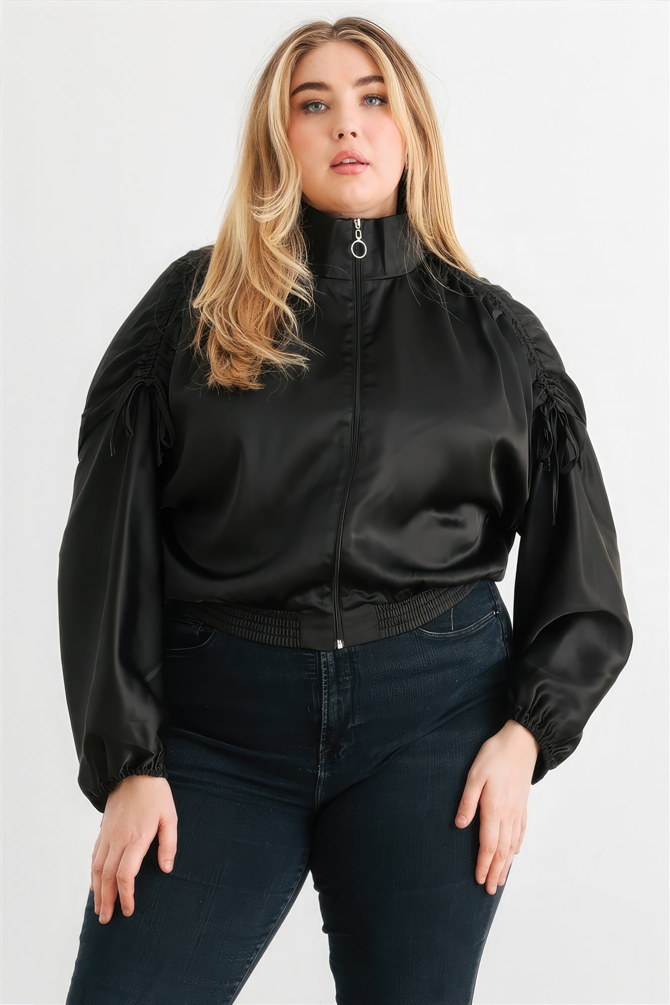 Plus Satin Zip-up Ruched Long Sleeve Cropped Bomber Jacket Look Up Deals