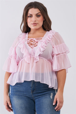 Plus Sheer Mesh Ruffle Lace-up V-neck Detail Wide Sleeve Relaxed Top Look Up Deals