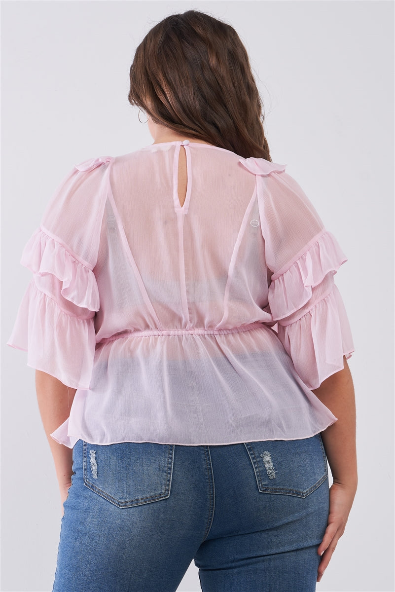 Plus Sheer Mesh Ruffle Lace-up V-neck Detail Wide Sleeve Relaxed Top Look Up Deals