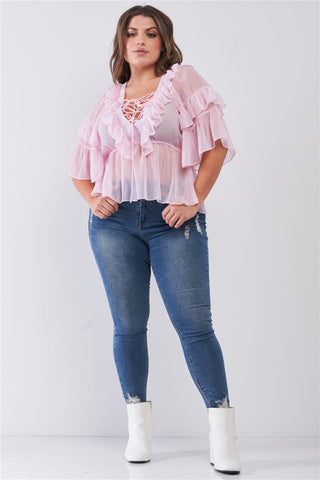 Plus Sheer Mesh Ruffle Lace-up V-neck Detail Wide Sleeve Relaxed Top Look Up Deals