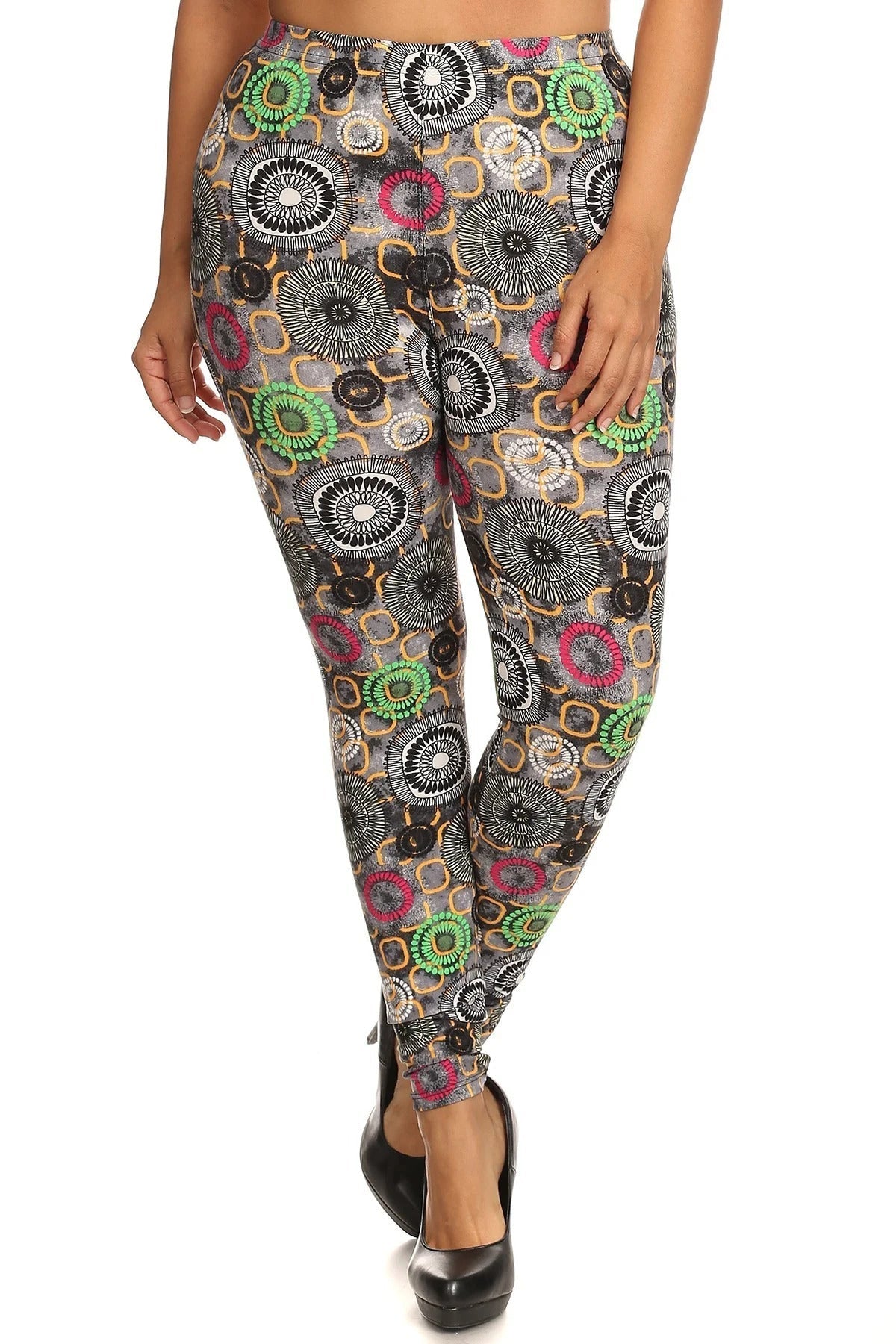 Plus Size Abstract Print, Full Length Leggings In A Slim Fitting Style With A Banded High Waist Look Up Deals