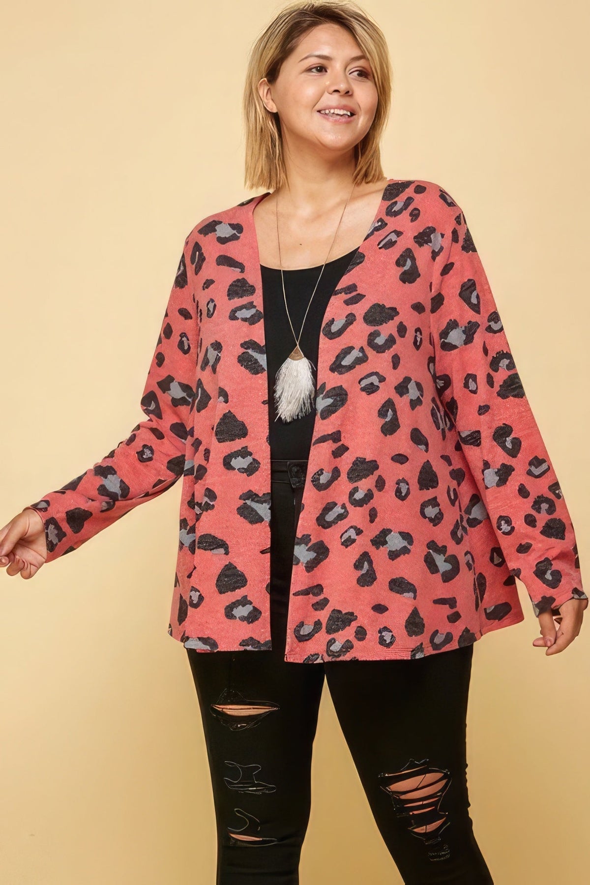 Plus Size Animal Printed Open Front Cropped Cardigan Look Up Deals