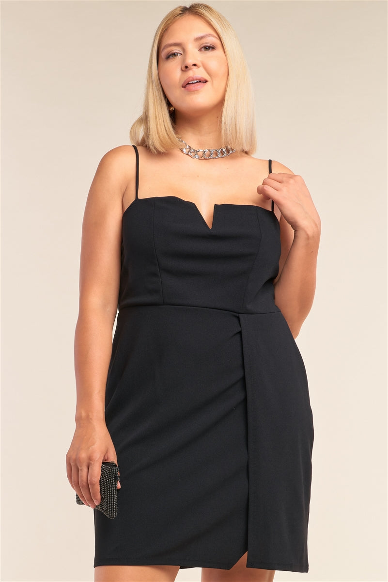 Plus Size Black Sleeveless V-shaped Front Detail Side Slit Tight Fit Mini Dress Look Up Deals