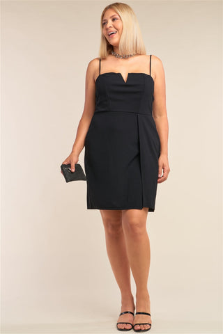 Plus Size Black Sleeveless V-shaped Front Detail Side Slit Tight Fit Mini Dress Look Up Deals