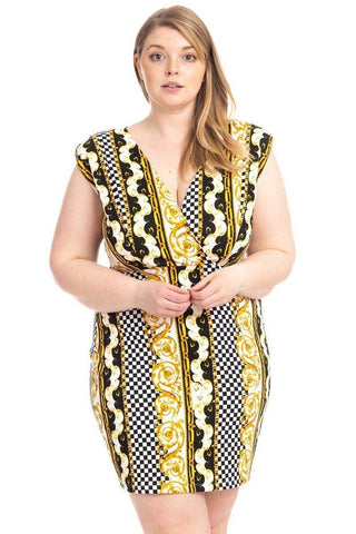 Plus Size Boarder Print  V-neck Bodycon Dress Look Up Deals