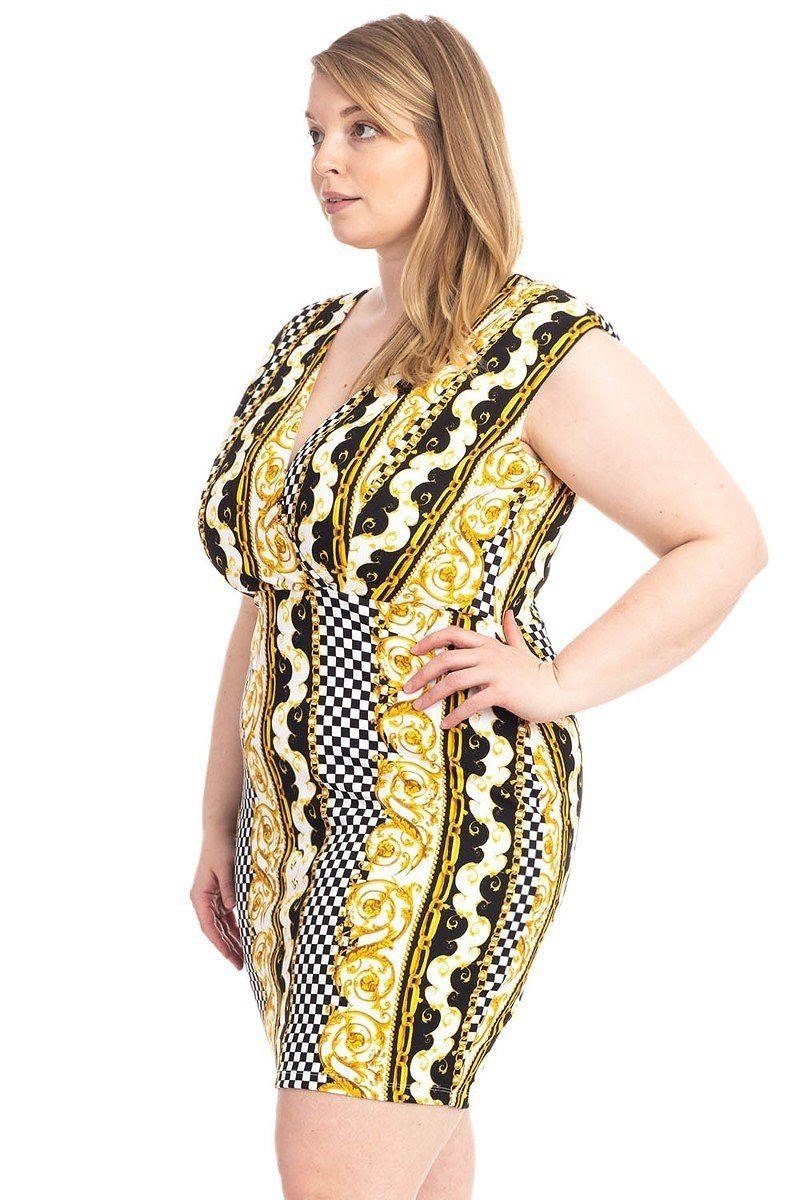 Plus Size Boarder Print  V-neck Bodycon Dress Look Up Deals