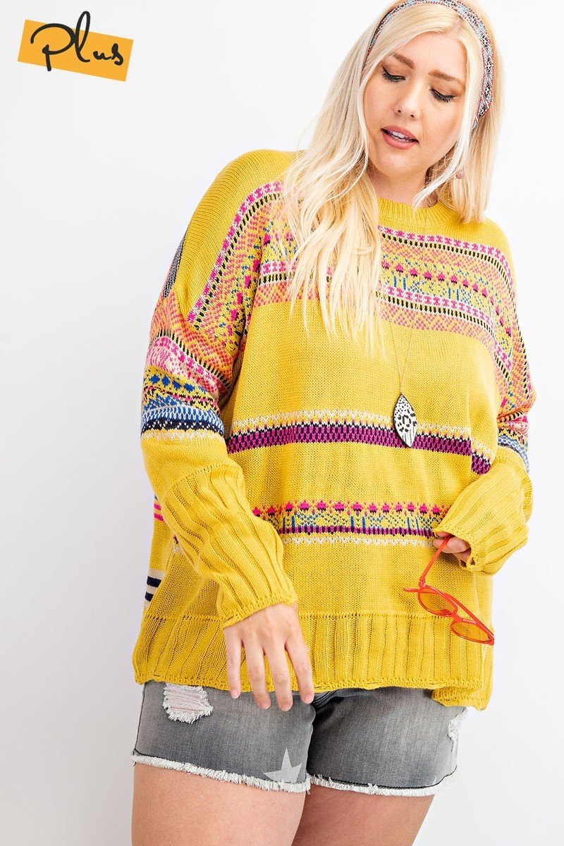 Plus Size Boho Patterned Knitted Sweater Pullover Look Up Deals