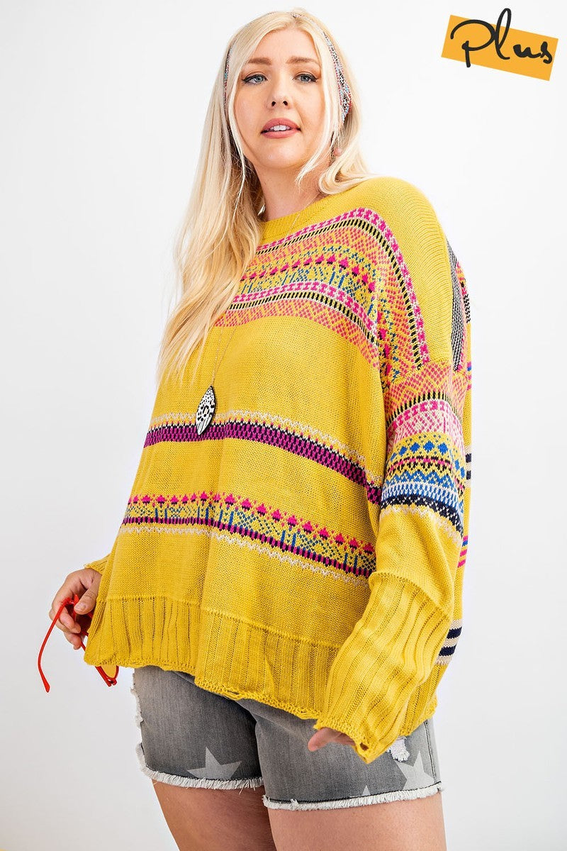 Plus Size Boho Patterned Knitted Sweater Pullover Look Up Deals