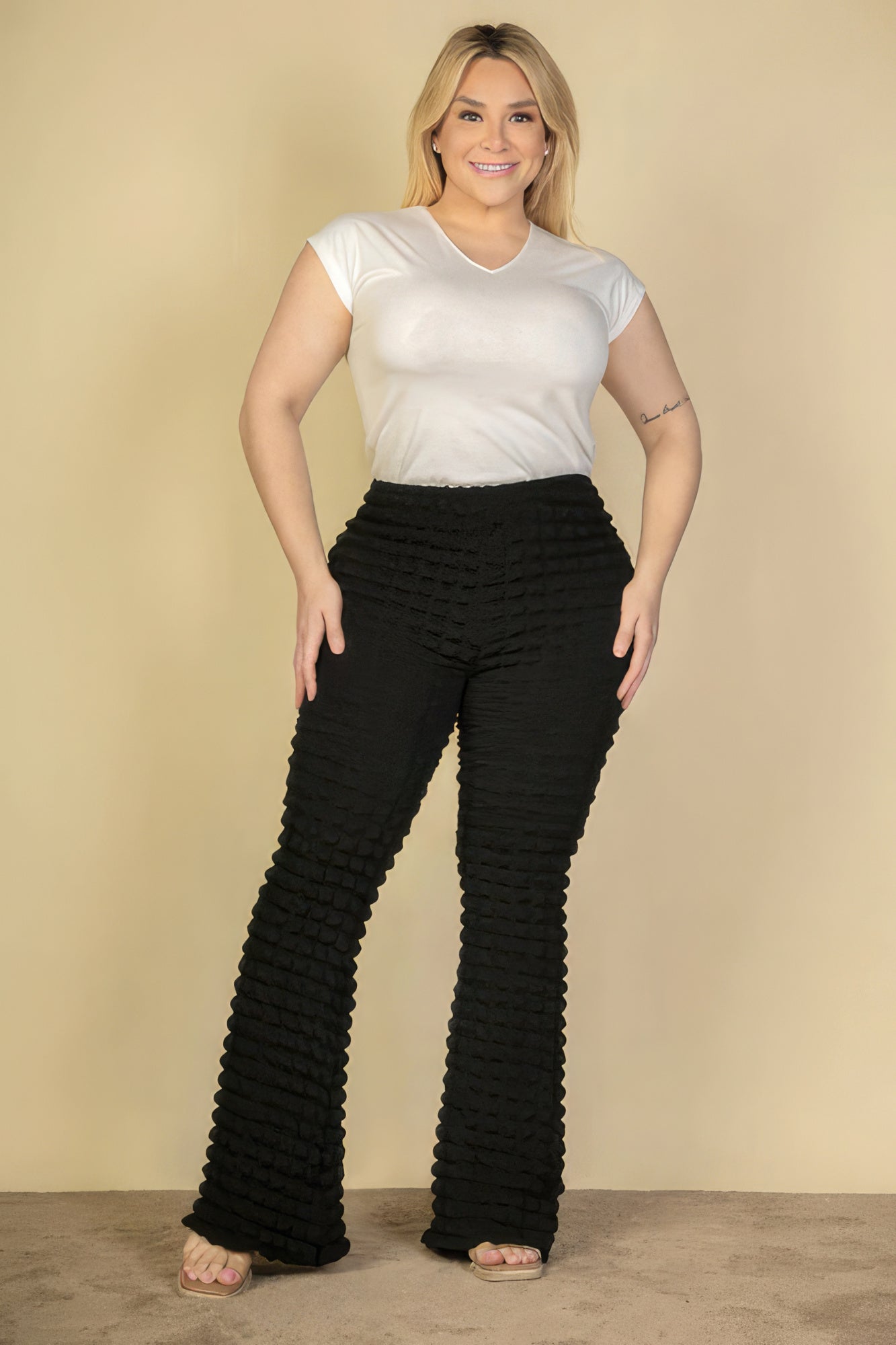 Plus Size Bubble Fabric Flare Pants Look Up Deals