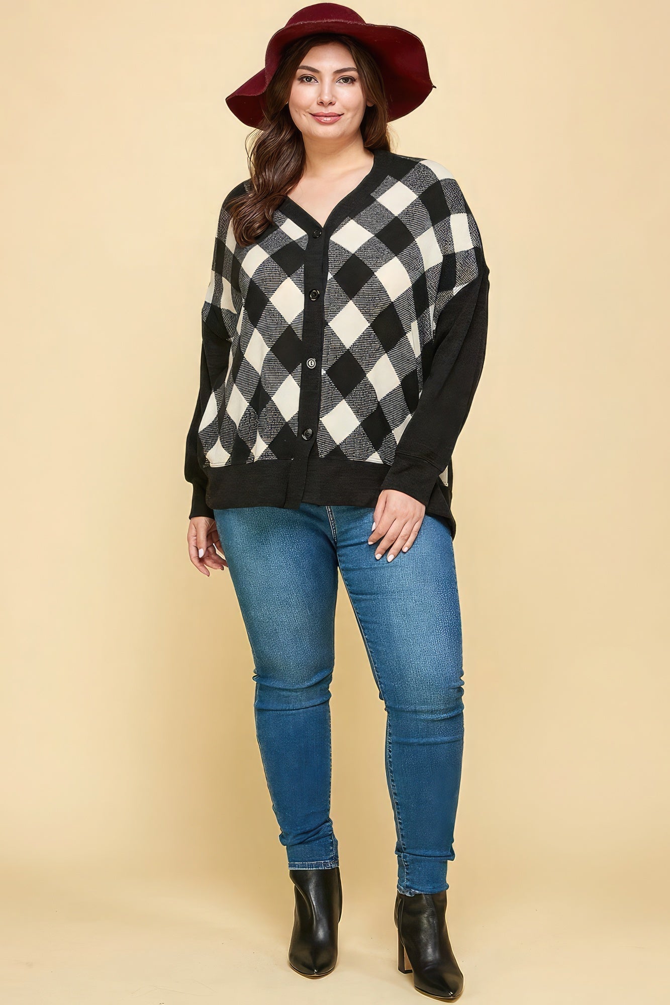 Plus Size Buffalo Plaid Knit Button Up Oversize Cardigan Look Up Deals