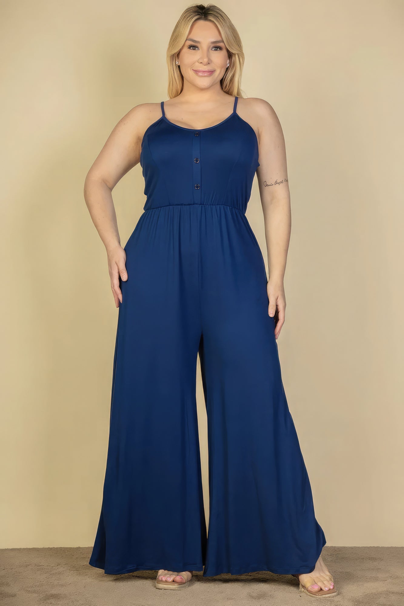 Plus Size Button Front Wide Leg Jumpsuit Look Up Deals