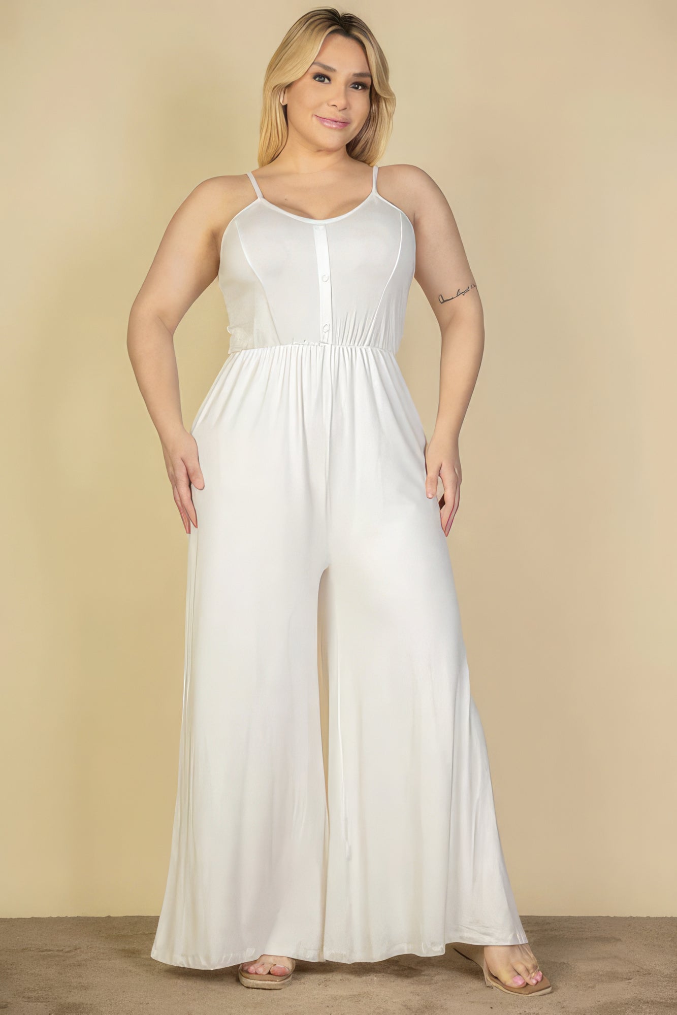 Plus Size Button Front Wide Leg Jumpsuit Look Up Deals