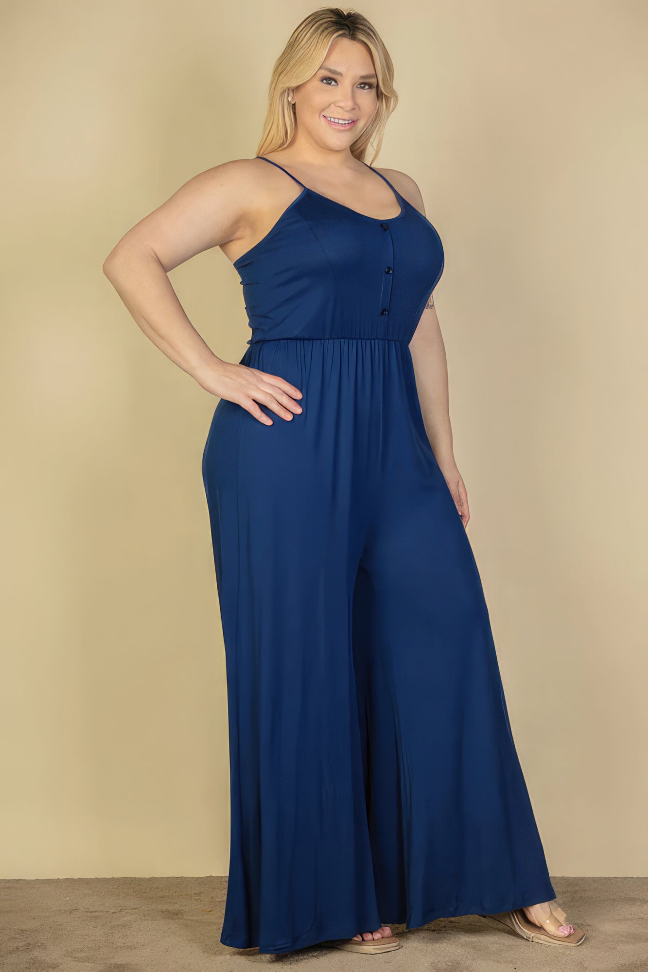 Plus Size Button Front Wide Leg Jumpsuit Look Up Deals