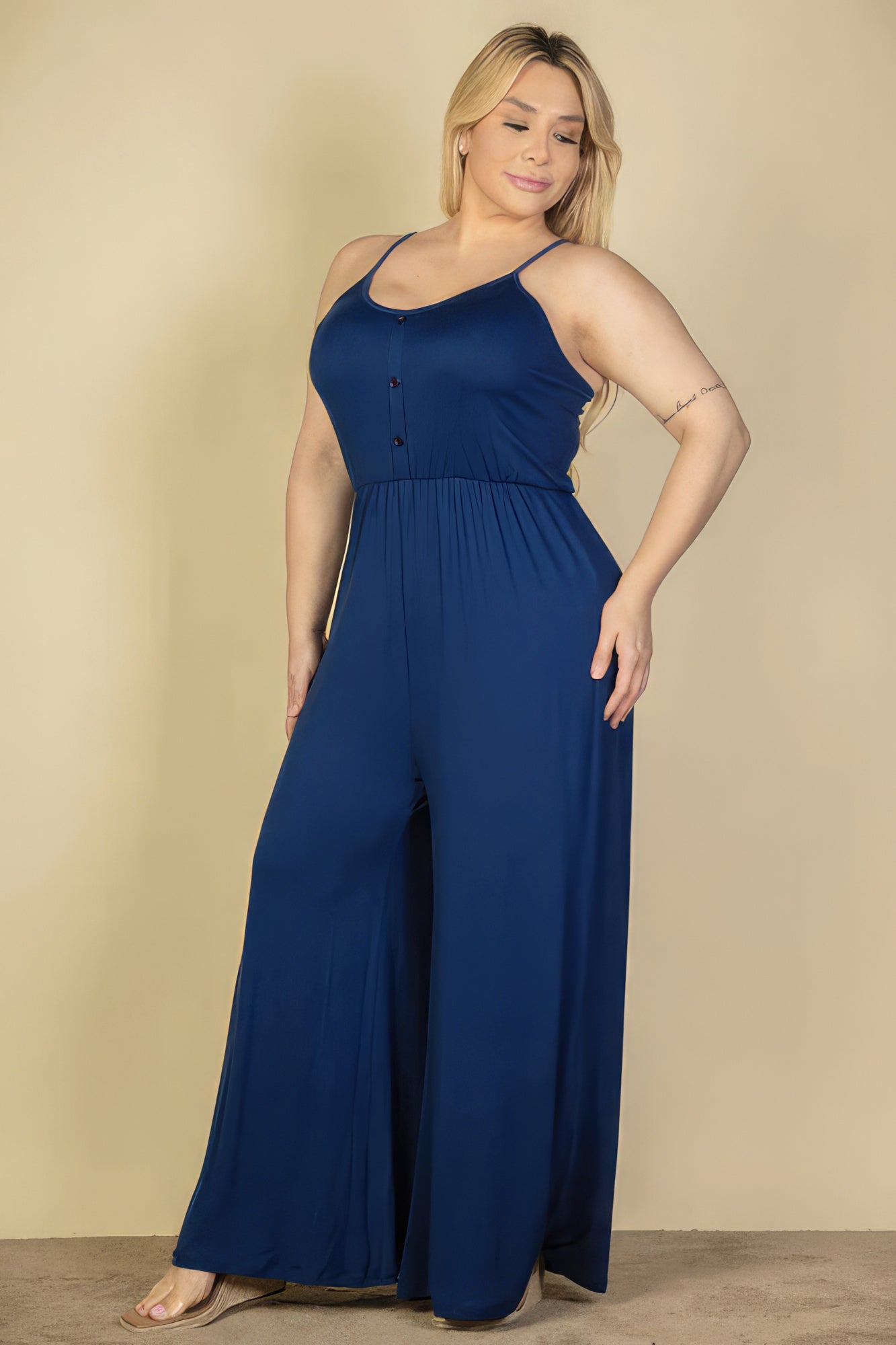 Plus Size Button Front Wide Leg Jumpsuit Look Up Deals