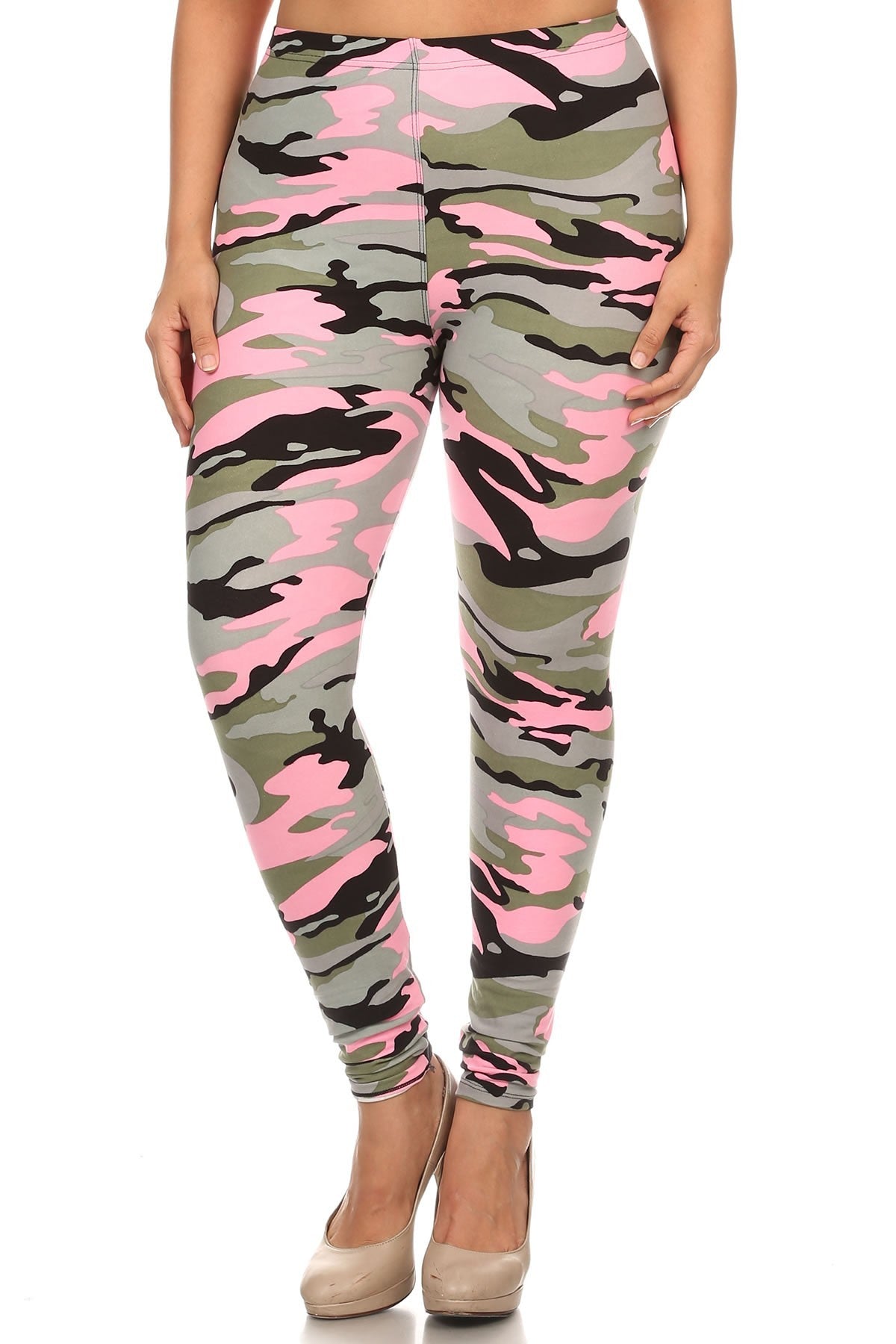 Plus Size Camouflage Printed Knit Legging With Elastic Waistband And High Waist Fit Look Up Deals