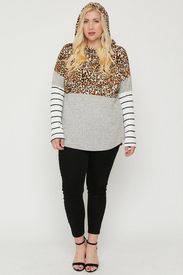 Plus Size Color Block Hoodie Featuring A Cheetah Print Look Up Deals