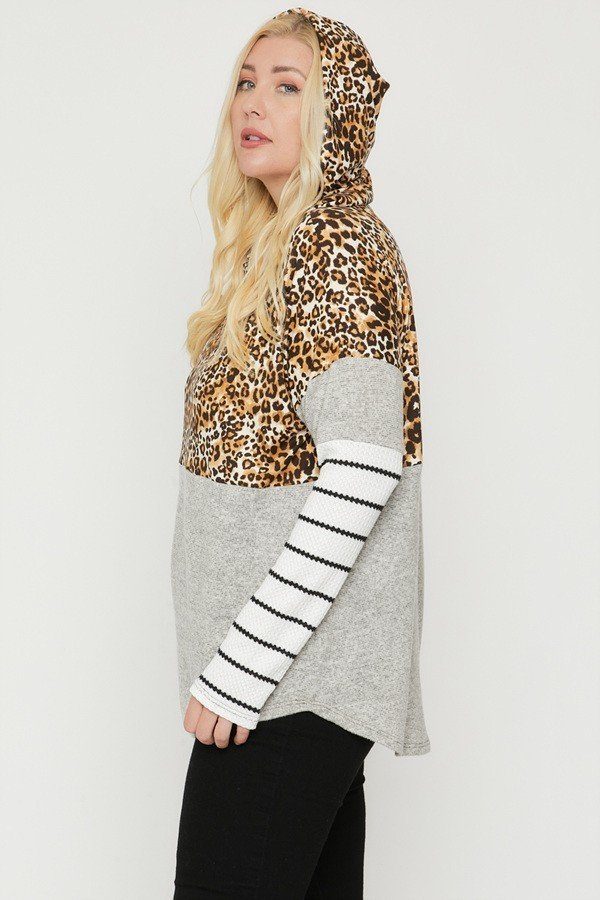 Plus Size Color Block Hoodie Featuring A Cheetah Print Look Up Deals