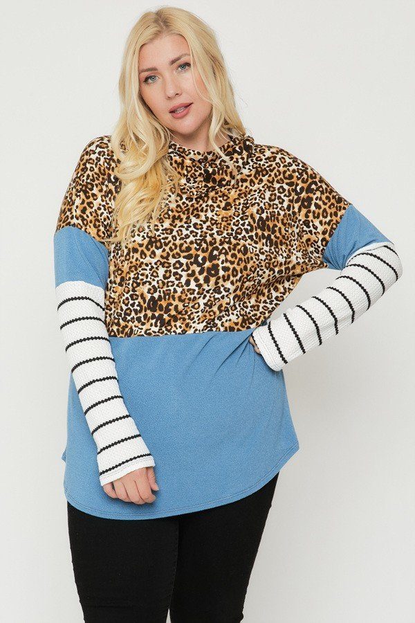 Plus Size Color Block Hoodie Featuring A Cheetah Print Look Up Deals