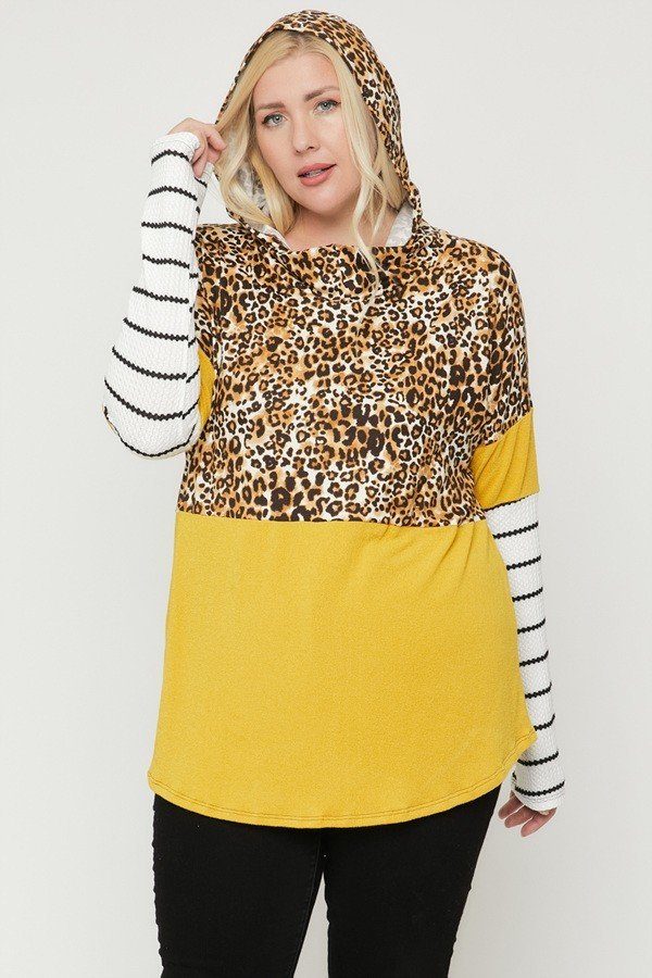 Plus Size Color Block Hoodie Featuring A Cheetah Print Look Up Deals