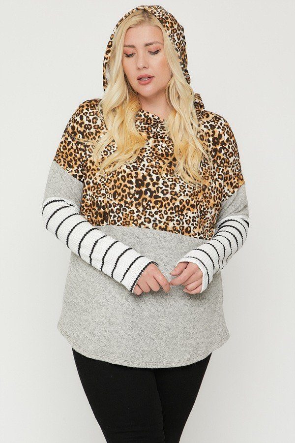 Plus Size Color Block Hoodie Featuring A Cheetah Print Look Up Deals