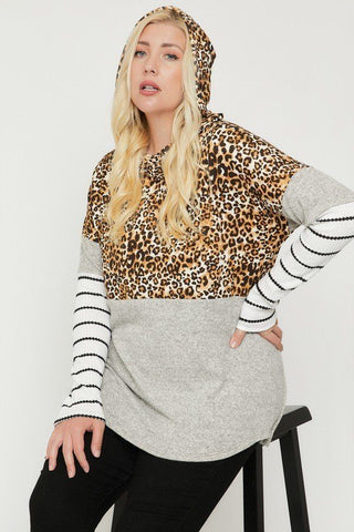 Plus Size Color Block Hoodie Featuring A Cheetah Print Look Up Deals