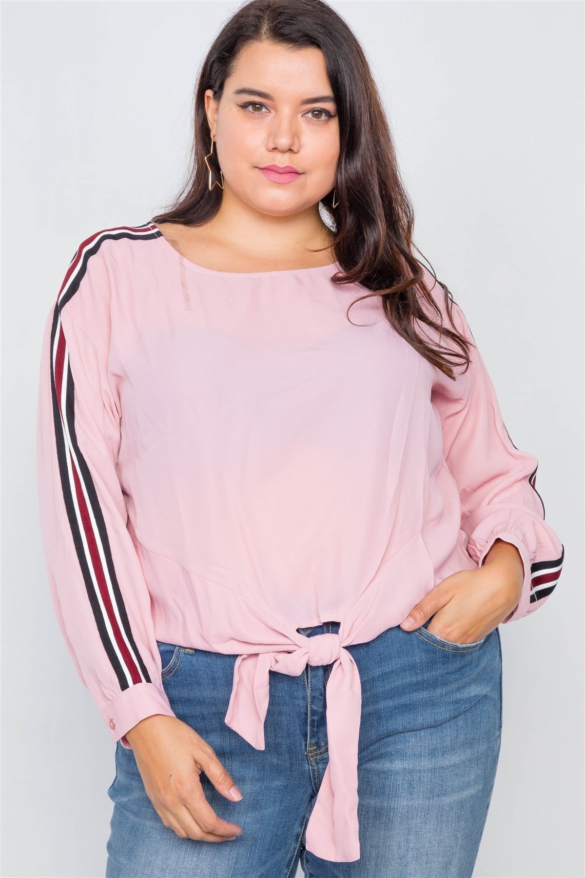 Plus Size Color Block Sleeve Front Knot Semi-sheer Top Look Up Deals