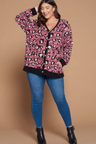 Plus Size Cozy Animal Mir Print With Brush Button Up Cardigan Look Up Deals