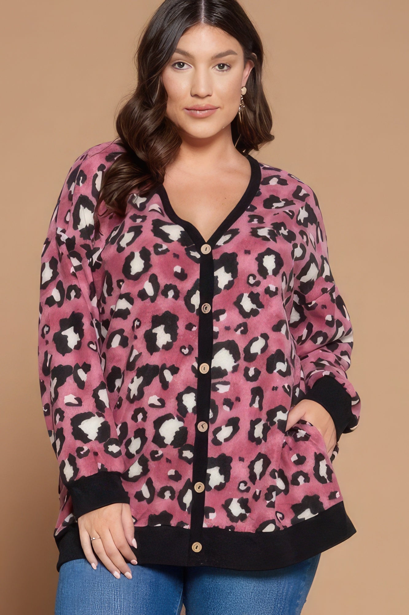 Plus Size Cozy Animal Mir Print With Brush Button Up Cardigan Look Up Deals