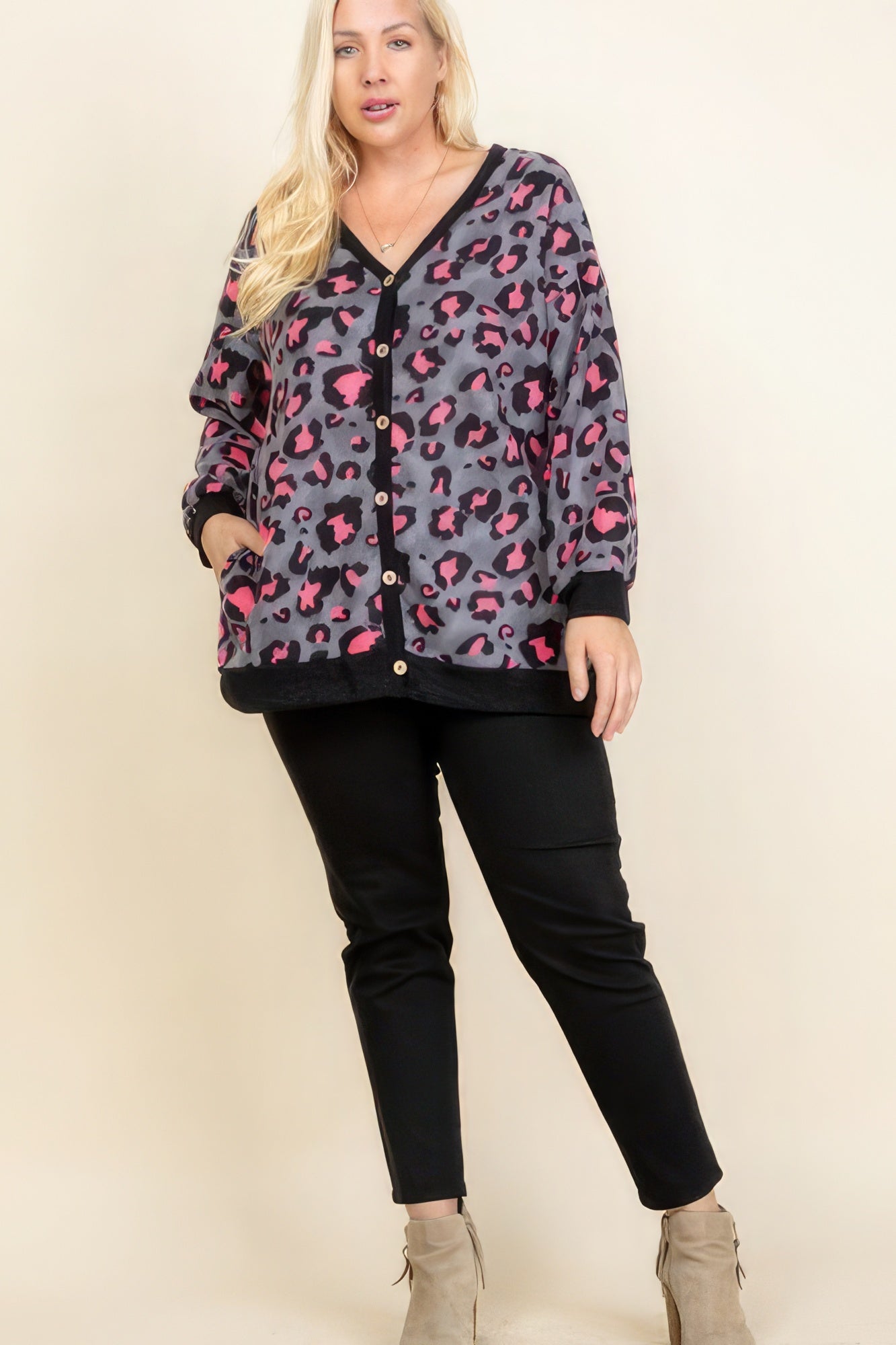 Plus Size Cozy Animal Mir Print With Brush Button Up Cardigan Look Up Deals