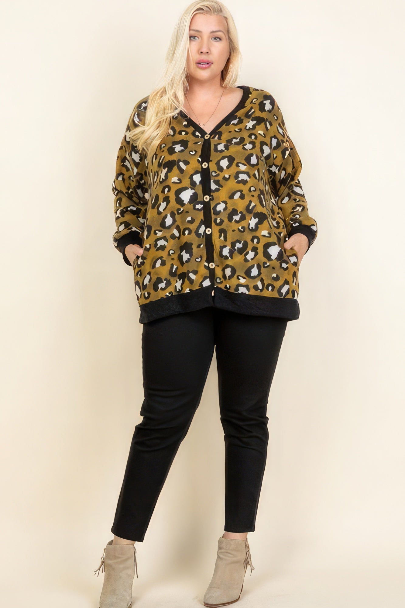 Plus Size Cozy Animal Mir Print With Brush Button Up Cardigan Look Up Deals