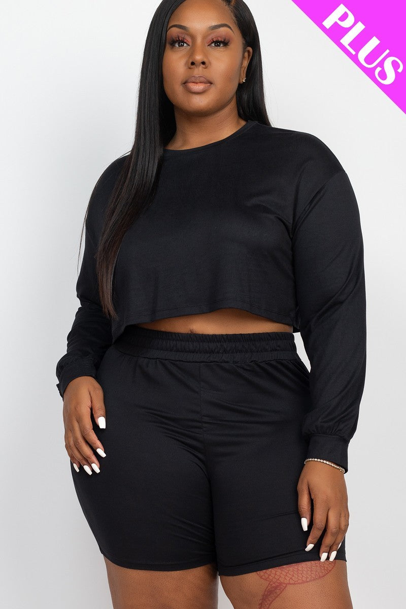 Plus Size Cozy Crop Top And Shorts Set Look Up Deals