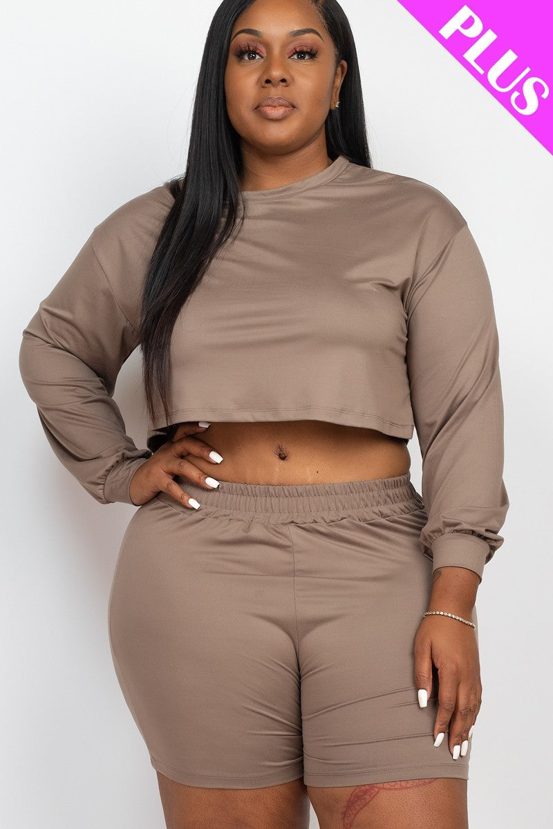 Plus Size Cozy Crop Top And Shorts Set Look Up Deals