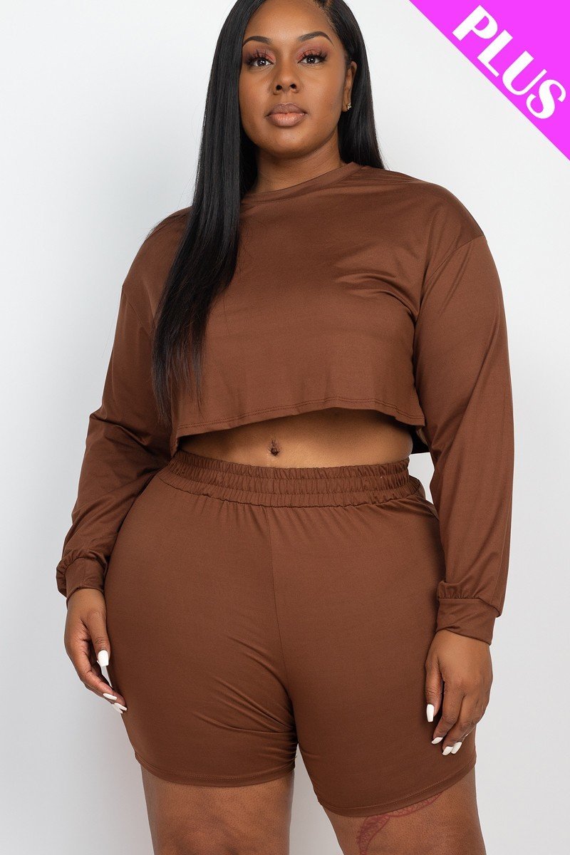 Plus Size Cozy Crop Top And Shorts Set Look Up Deals