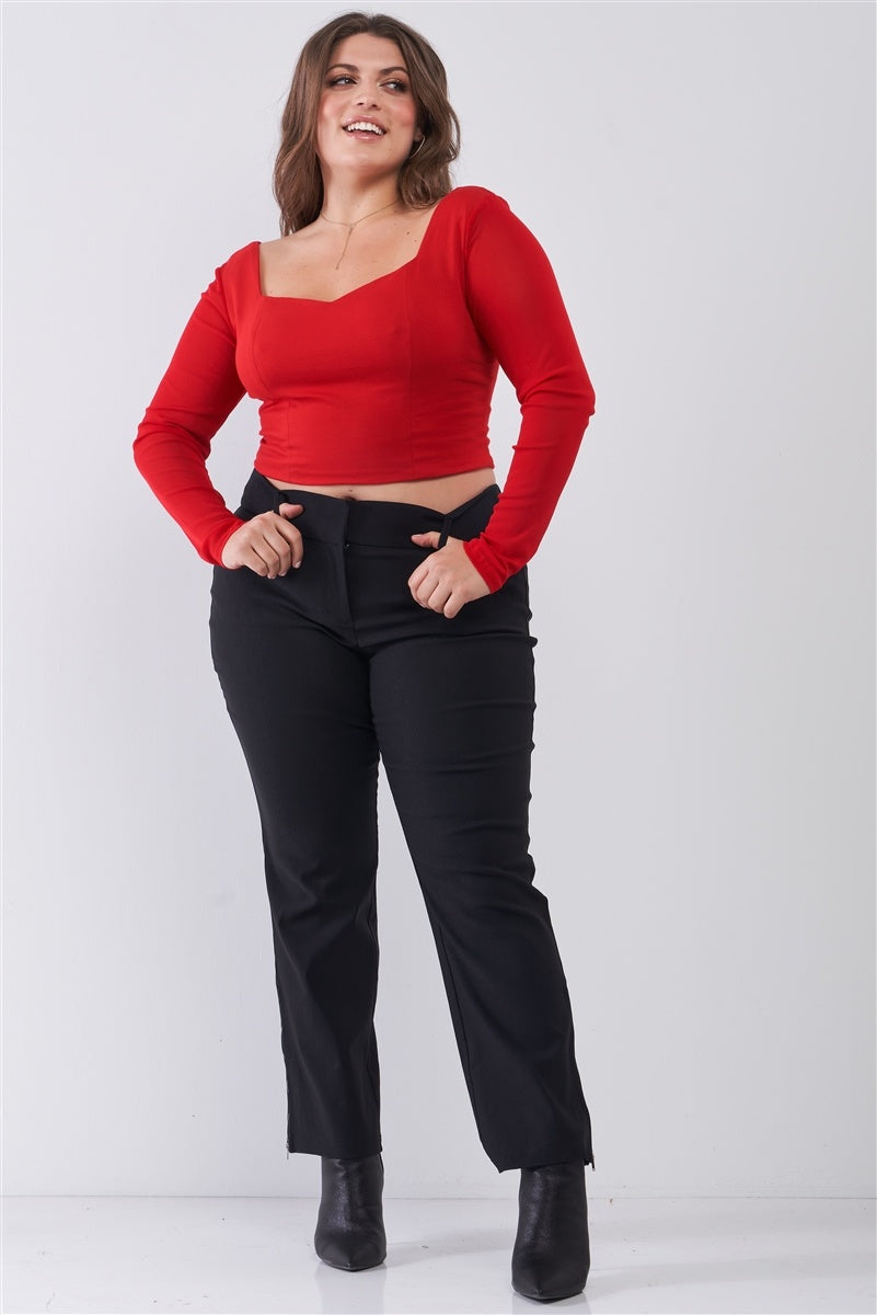 Plus Size Crimson Red Long Mesh Sleeve Sweetheart Neck Detail Structured Crop Top Look Up Deals