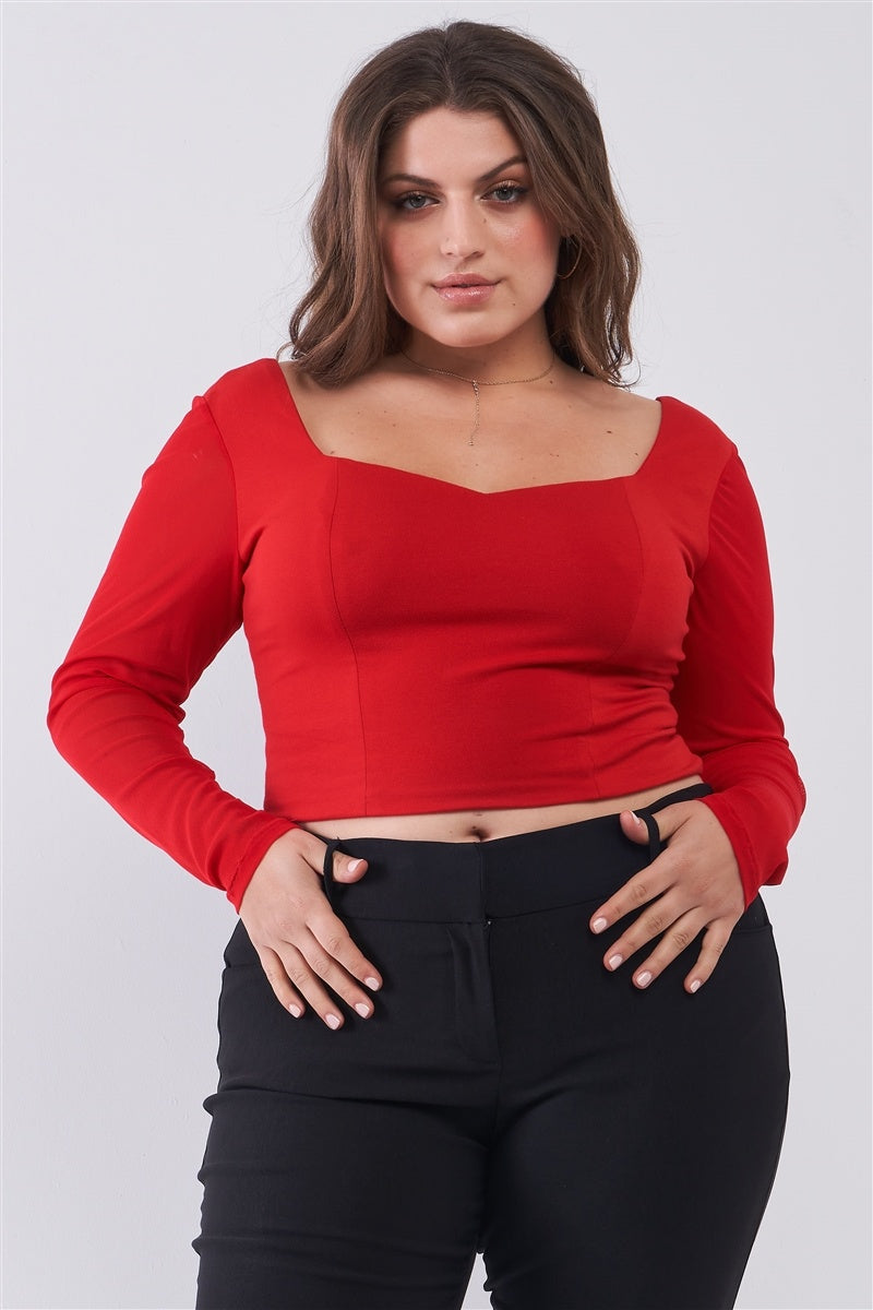 Plus Size Crimson Red Long Mesh Sleeve Sweetheart Neck Detail Structured Crop Top Look Up Deals