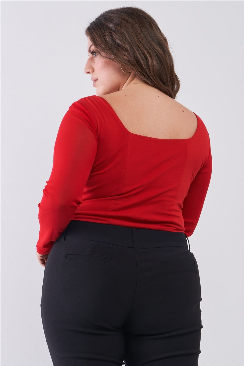 Plus Size Crimson Red Long Mesh Sleeve Sweetheart Neck Detail Structured Crop Top Look Up Deals