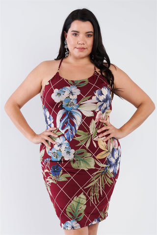 Plus Size Criss-cross Open Back Mini Floral Print Dress Look Up Deals